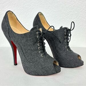 {Christian Louboutin} Dark Gray Flannel Lady Peep Toe Lace-Up Booties, Size 35.5